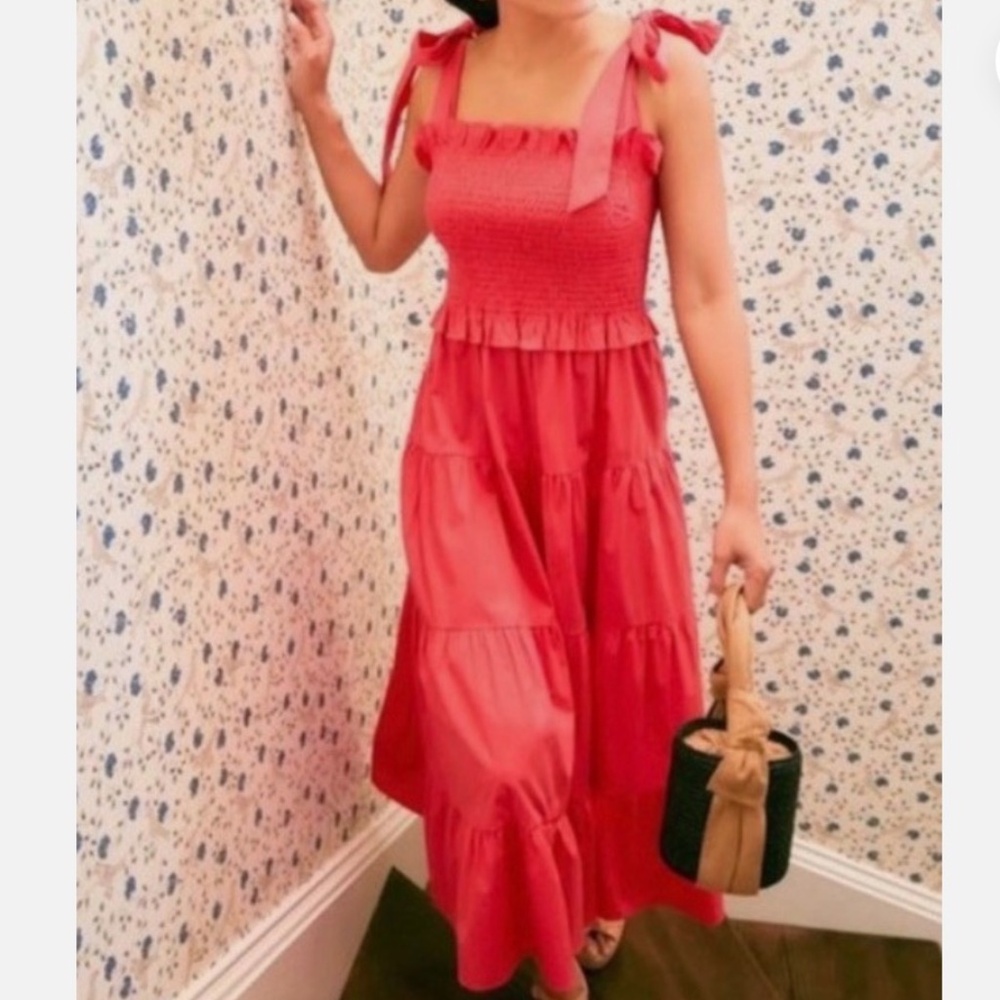 Tuckernuck Alannah Smocked Bodice Bow Tie Strap Dress Sz S